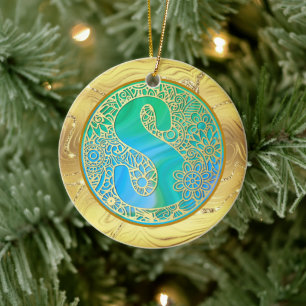 Ornamento De Cerâmica  Monograma Inicial S Natal - Dourado, Turquesa & A