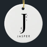 Ornamento De Cerâmica Monograma J Nome Celestial<br><div class="desc">Adicione um toque de magia celestial à sua decoração de férias com este Enfeites de natal monográfico espantoso! Apresentando uma carta adornada com estrelas pequenas e luas à sua volta e a sua escolha de nome por baixo, este ornamento personalizado é o nome perfeito para a temporada. Ele ajustado confortavelmente...</div>