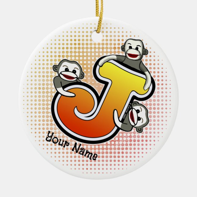 Ornamento De Cerâmica Monograma J Sock Monkey (Frente)