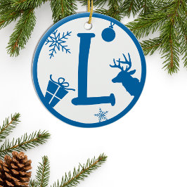 Ornamento De Cerâmica Monograma - Letra L Azul Branco