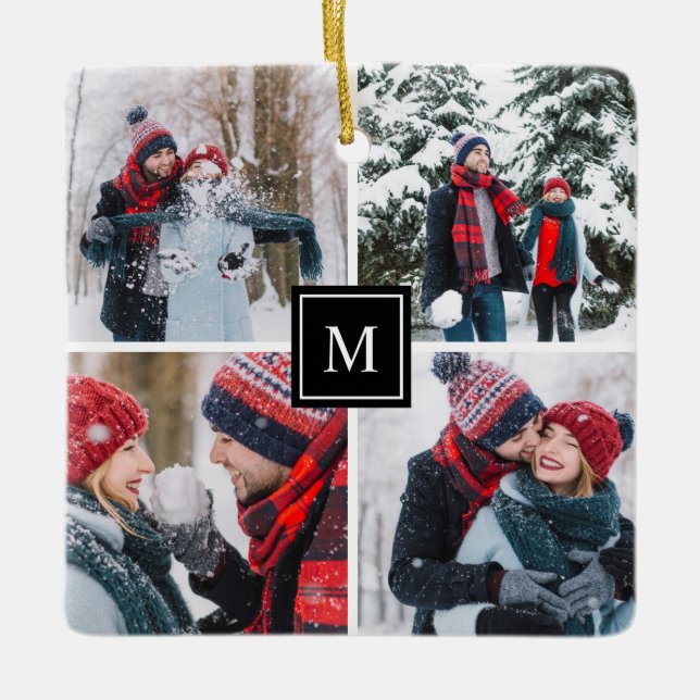 Ornamento De Cerâmica Monograma Moderno de Colagem de Fotos (Frente)