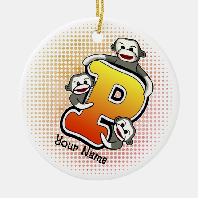 Ornamento De Cerâmica Monograma P Sock Monkey (Frente)