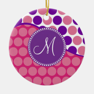 Ornamento De Cerâmica Monograma Personalizado Bolinhas Púrpura Rosa Ini