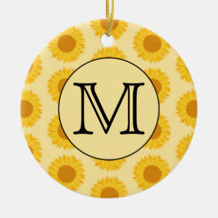 Ornamento De Cerâmica Monograma Personalizado, com Girassóis Amarelos.