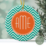 Ornamento De Cerâmica Monograma Personalizado de Cevrons Laranja e Esmer<br><div class="desc">Um design geométrico em cores frescas e alegres. Se precisar ajustar os monogramas,  clique no botão personalizar e faça alterações.</div>