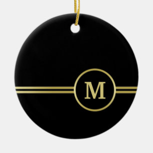 Ornamento De Cerâmica Monograma personalizado de ouro elegante a preto