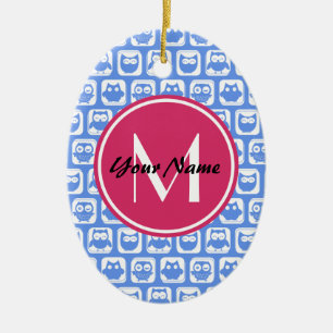 Ornamento De Cerâmica Monograma Personalizado de Padrão de Coruja Azul C