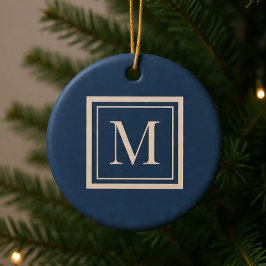 Ornamento De Cerâmica Monograma Personalizado em Azul e Baunilha