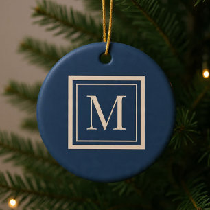 Ornamento De Cerâmica Monograma Personalizado em Azul e Baunilha