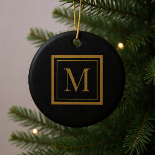 Ornamento De Cerâmica Monograma Personalizado em Moldura Preta e Dourada