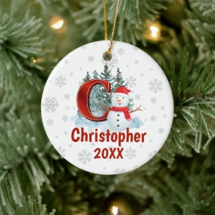 Ornamento De Cerâmica Monograma Personalizado - Letra C Snowman - Natal
