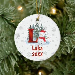 Ornamento De Cerâmica Monograma Personalizado - Letra L Snowman - Natal