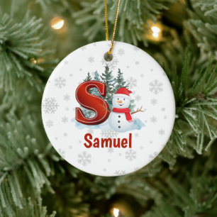 Ornamento De Cerâmica Monograma Personalizado - Letra S Snowman - Natal