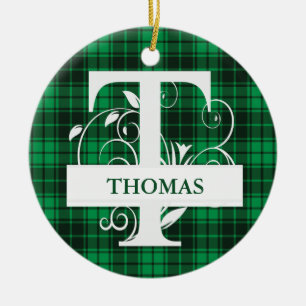 Ornamento De Cerâmica Monograma Personalizado - Letra T Fundo da Xadrez