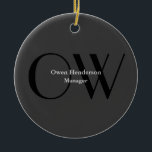 Ornamento De Cerâmica Monograma Preto de Cinza Única na moda<br><div class="desc">Você pode facilmente alterar as fontes,  a imagem de fundo e a cor,  os caracteres de letra.</div>