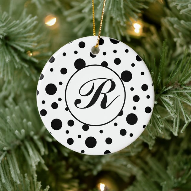 Ornamento De Cerâmica Monograma preto no padrão de Bolinhas branca (Árvore)