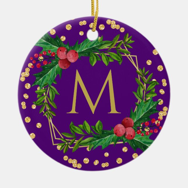 Ornamento De Cerâmica Monograma Roxo Dourado Feliz Natal Holly Glitter (Frente)