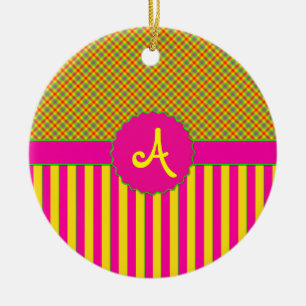 Ornamento De Cerâmica Monograma Tartan Tutti Frutti Amarelo