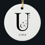 Ornamento De Cerâmica Monograma U Nome Celestial<br><div class="desc">Adicione um toque de magia celestial à sua decoração de férias com este Enfeites de natal monográfico espantoso! Apresentando uma carta adornada com estrelas pequenas e luas à sua volta e a sua escolha de nome por baixo, este ornamento personalizado é o nome perfeito para a temporada. Ele ajustado confortavelmente...</div>