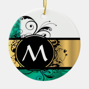 Ornamento De Cerâmica Monograma verde-lacrimogêneo e dourado