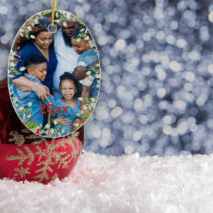 Ornamento De Cerâmica Monograma Vermelho Foto Verde de Natal Clássica Ro