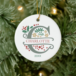 Ornamento De Cerâmica Monograma Vermelho, Verde e Letra Dourada "C" com