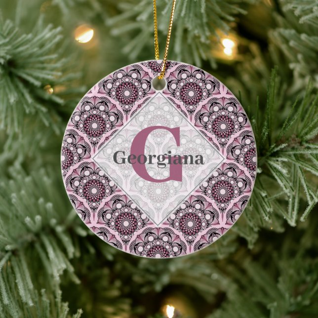 Ornamento De Cerâmica Monogramas Deco Dusky Rosa Cherry Blossom Mandala (Árvore)