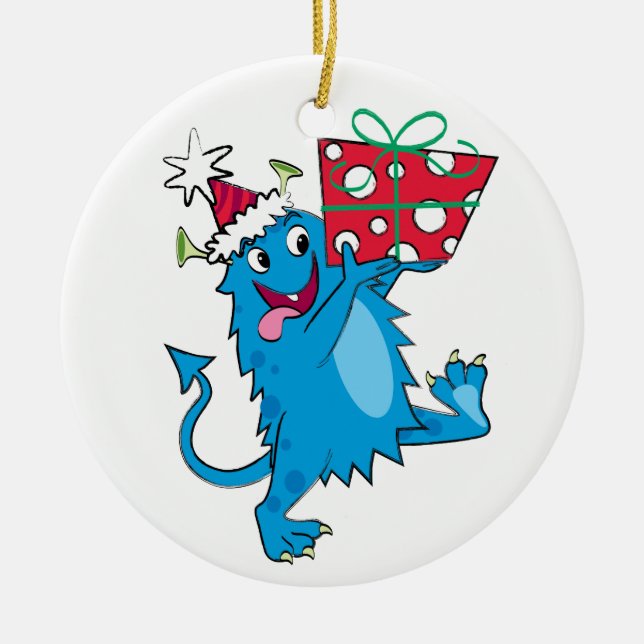 Ornamento De Cerâmica Monstro com presente do Natal (Frente)