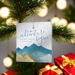 Ornamento De Cerâmica Montanhas de Ouro de Aquarela Casamento Salvar a D