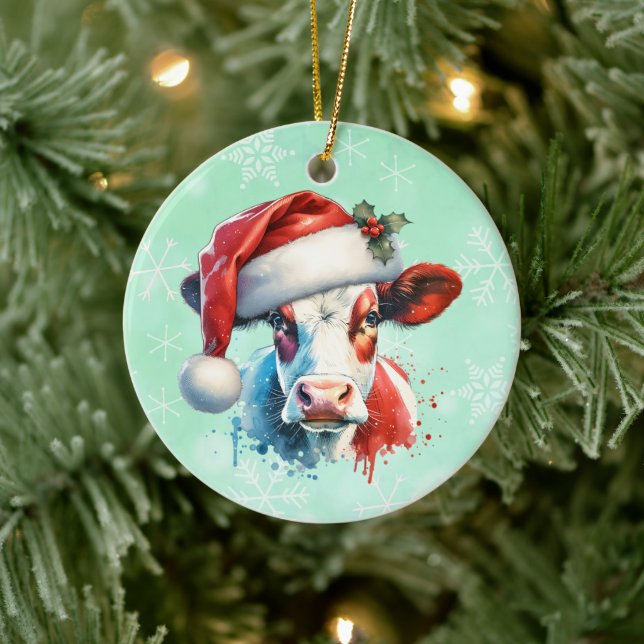 Ornamento De Cerâmica Moo-ey Natal | Vaca em Santa Hat (Árvore)