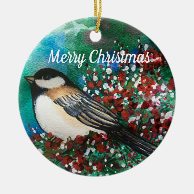 Ornamento De Cerâmica Morangos Chickadee Feliz Natal Pássaro Doce (Frente)