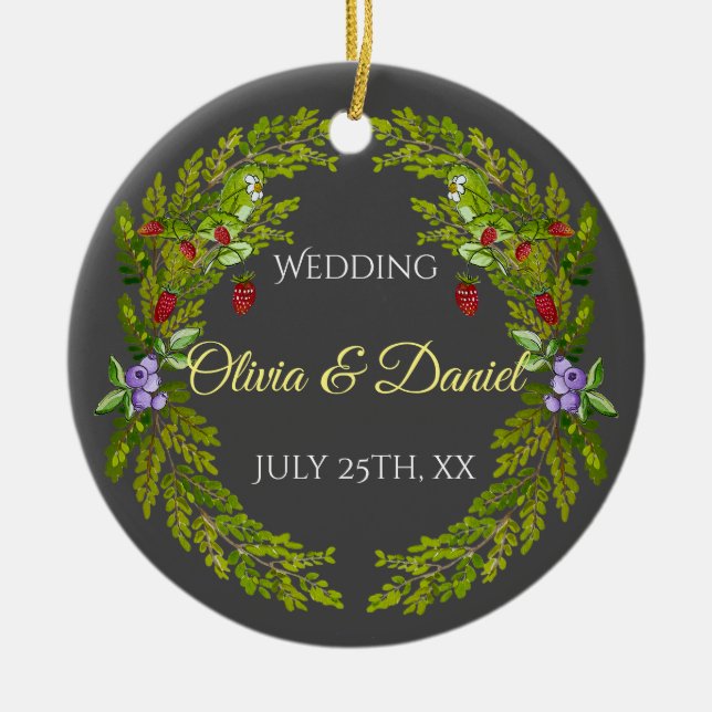 Ornamento De Cerâmica Morangos da floresta aquosa e cogumelos (Frente)