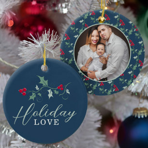 Ornamento De Cerâmica Morangos verdes holandeses em azul foto de Natal