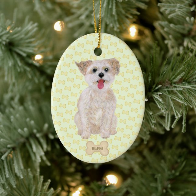 Ornamento De Cerâmica Morkie Com Ossos E Texto Oval (Árvore)