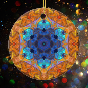 Ornamento De Cerâmica Mosaico Flor de Mandala Laranja e Azul