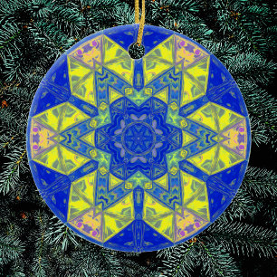 Ornamento De Cerâmica Mosaico Mandala Azul e Amarelo