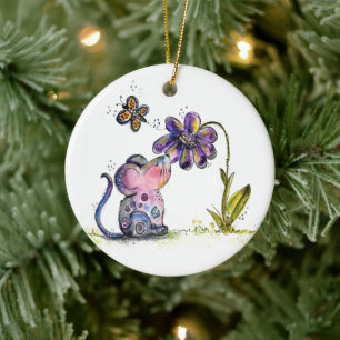 Ornamento De Cerâmica Mouse branco e flores