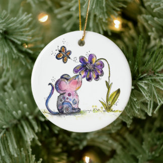 Ornamento De Cerâmica Mouse branco e flores