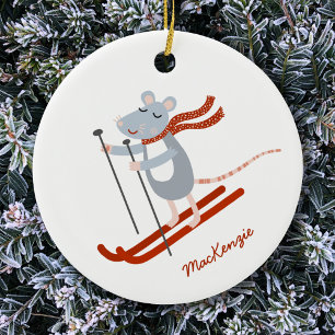 Ornamento De Cerâmica Mouse de Skiing Bonito Personalizado