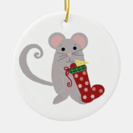 Ornamento De Cerâmica Mouse Feriado com Reboque Vermelho