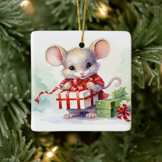 Ornamento De Cerâmica Mouse Natal Com Presente (Árvore)