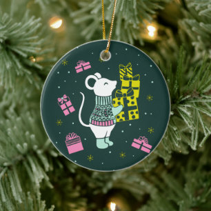 Ornamento De Cerâmica Mouse Natal Feriado com Ilustração de Apresentaçõe