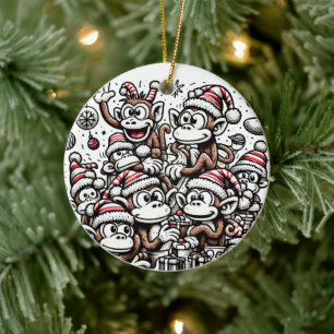 Ornamento De Cerâmica Muitos Macacos de Natal