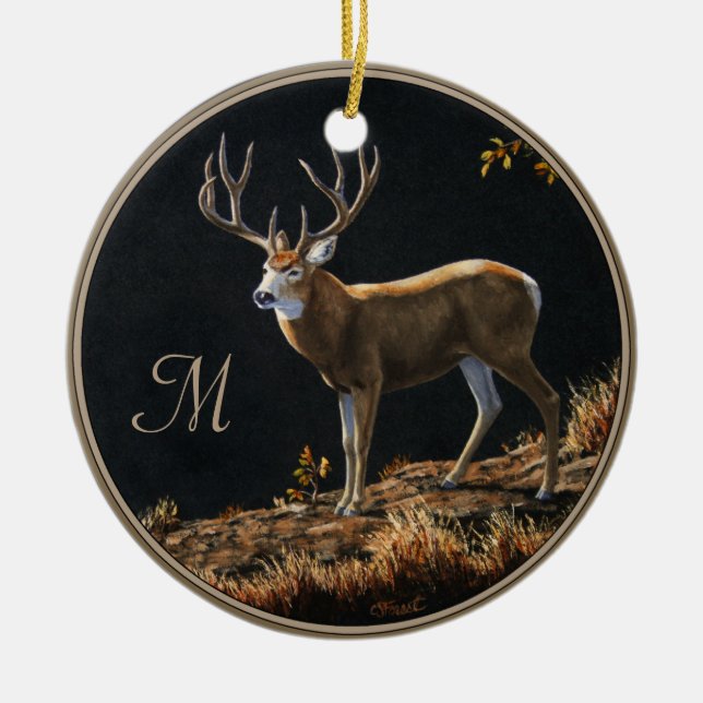 Ornamento De Cerâmica Mule Deer Buck Autumn Trophy Antlers Monograma (Frente)