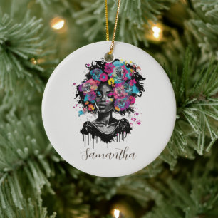 Ornamento De Cerâmica Mulher Afro Clorosa Floral