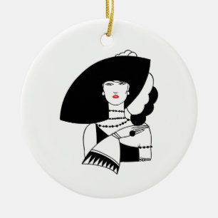 Ornamento De Cerâmica Mulher Art Déco com Luvas e Chapéu Grande RL
