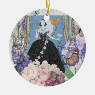 Ornamento De Cerâmica Mulher Azul Elegante Vestido Floral Chique
