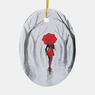 Ornamento De Cerâmica Mulher com guarda-chuva vermelha
