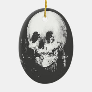 Ornamento De Cerâmica Mulher com Reflexo Crânio de Halloween Espelhada