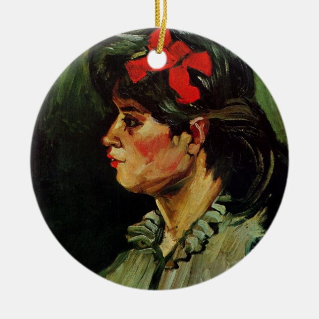 Ornamento De Cerâmica Mulher com Retrato da Faixa Vermelha por Vincent v (Frente)